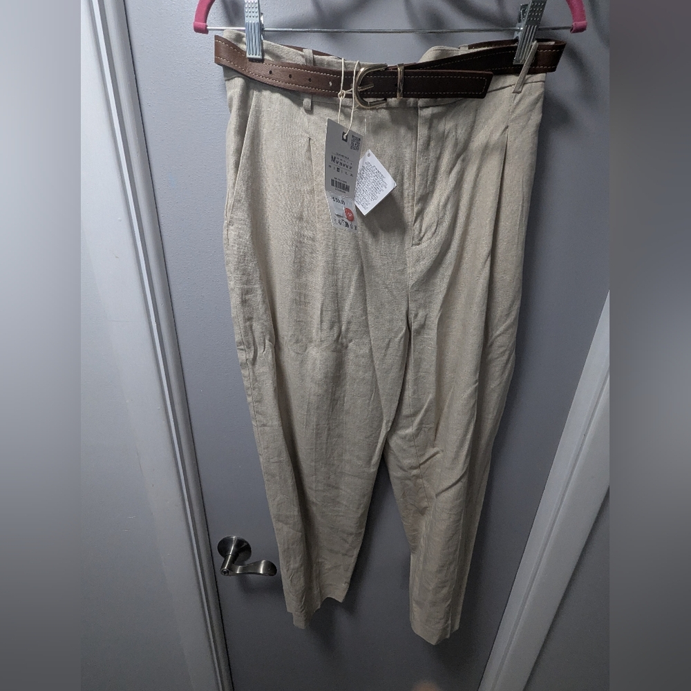 Zara Beige Cropped Tapered Pants with Brown Belt